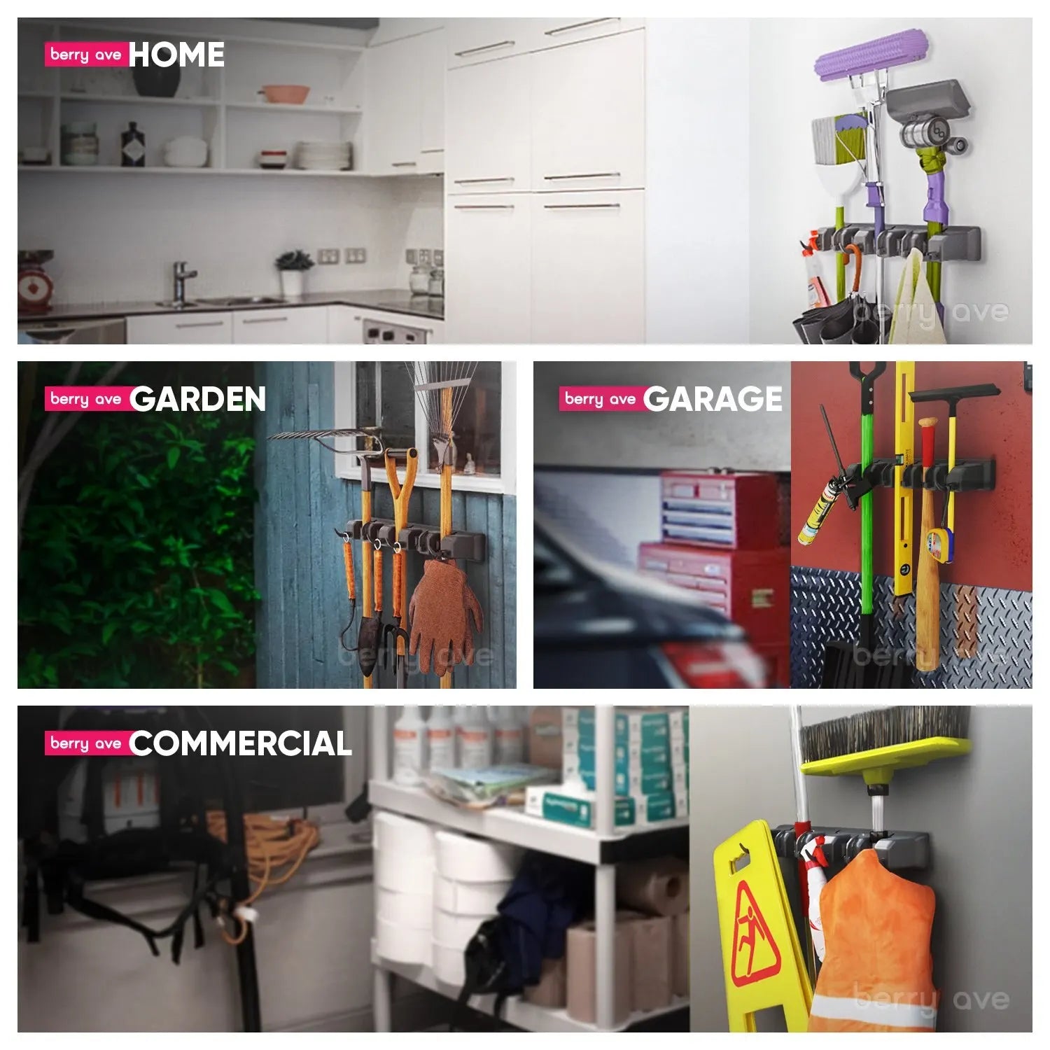 Wall Mounted Mop Holder 3/4/5 Position Multi-Functional Broom Hanger Shelf